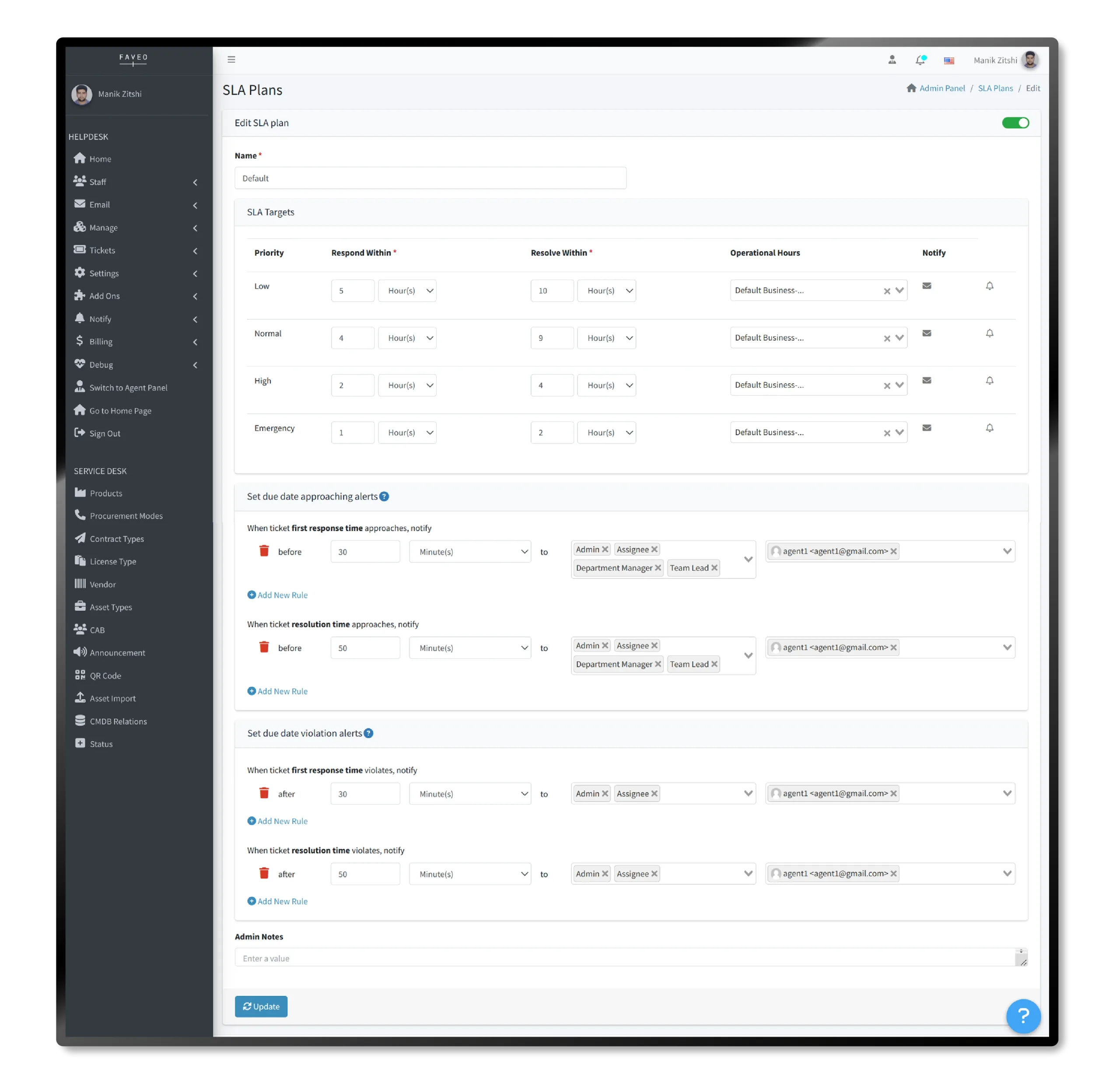 SLA sla configuration in faveo